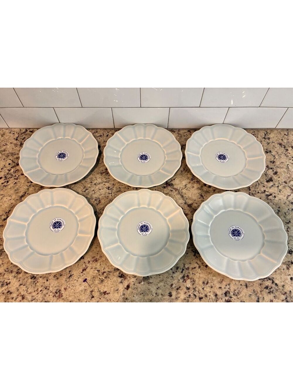 Set of 6 Matceramica Portugal Salad Plates, White/Blue Floral Scalloped, 8.5 in